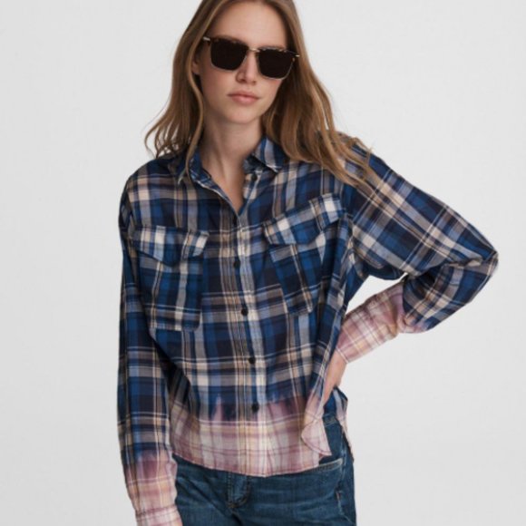 Rag & Bone Florian Plaid Shirt, Cropped, signature fish eye buttons NWOT - Picture 1 of 12